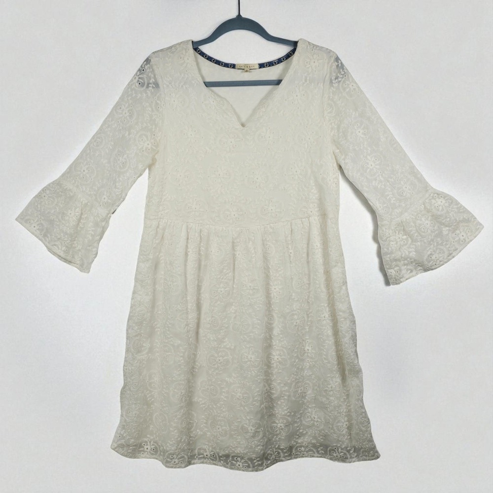 Kate & Sam Dress Womens Small White Eyelet Lace Floral Bell Sleeve Mini Boho